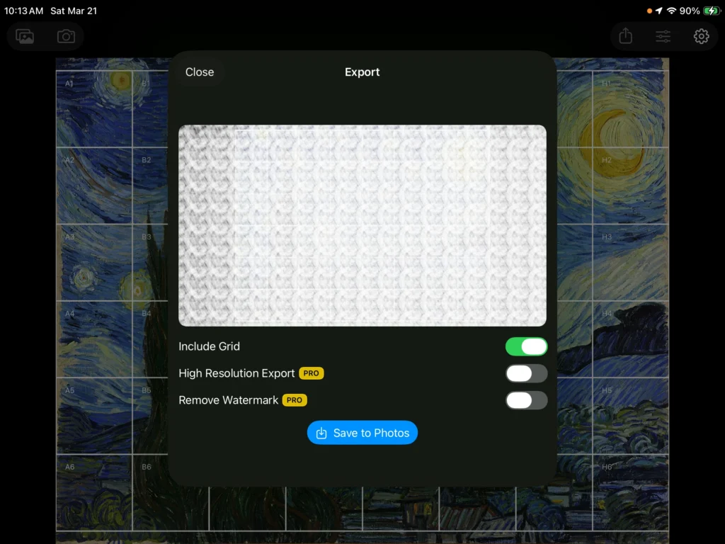 Drawing grid app with a paywall for a watermark-free export