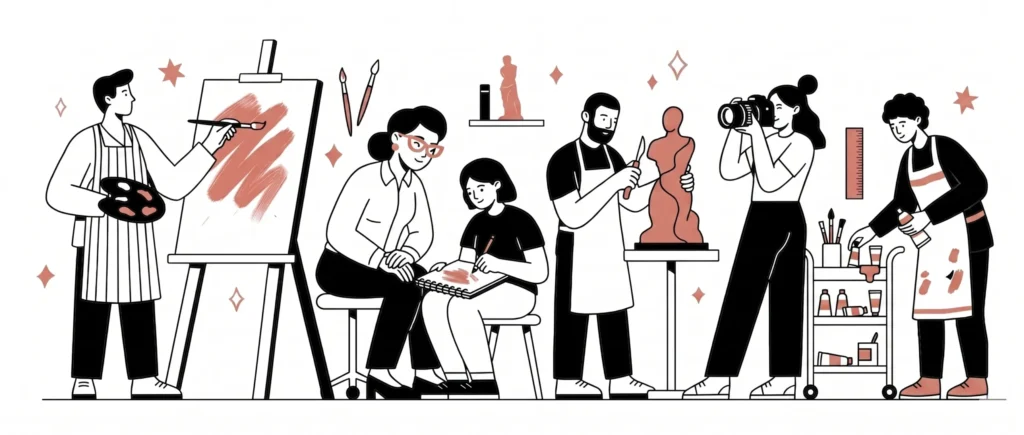 Art teacher, student and artists working together in an art studio